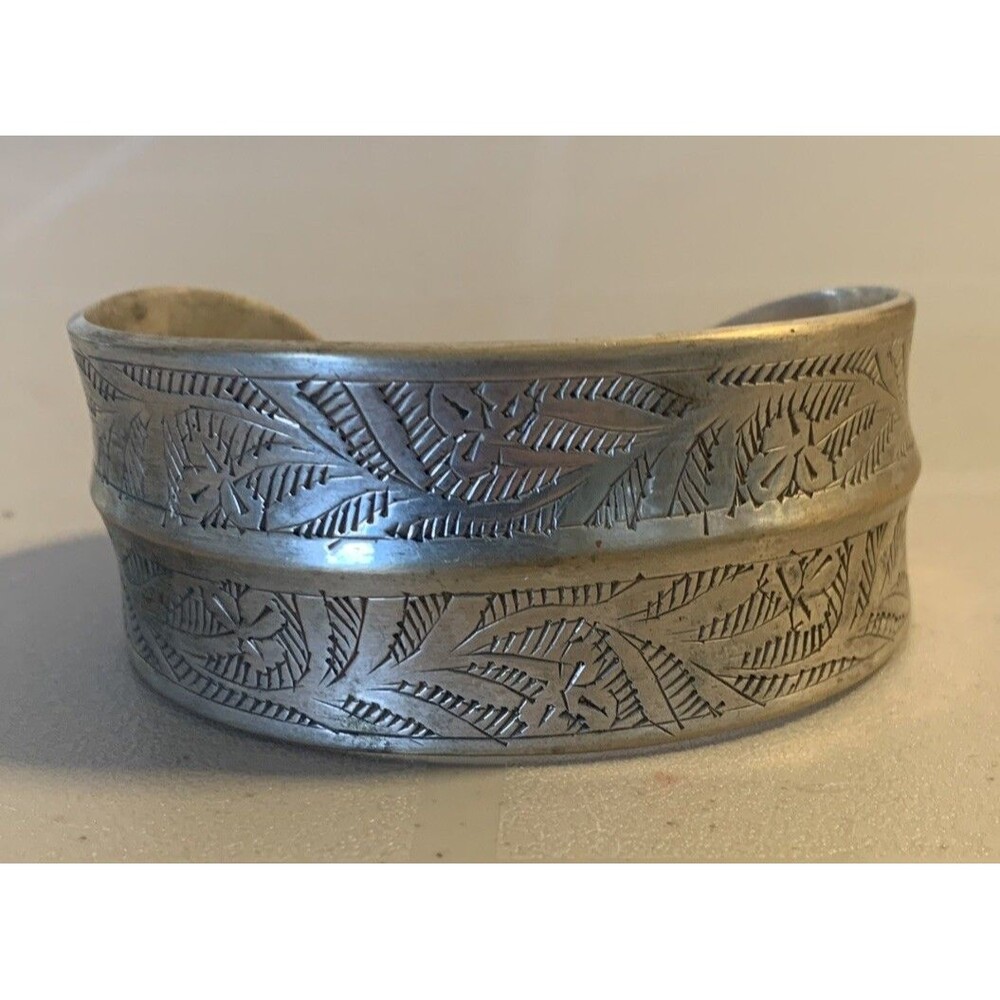Cuff Bracelet Silver Tone Wide Brass Engraved Southwest